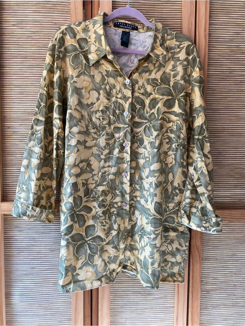 CRAZY HORSE COLLECTION Olive and Yellow Botanical Button-Up Shirt